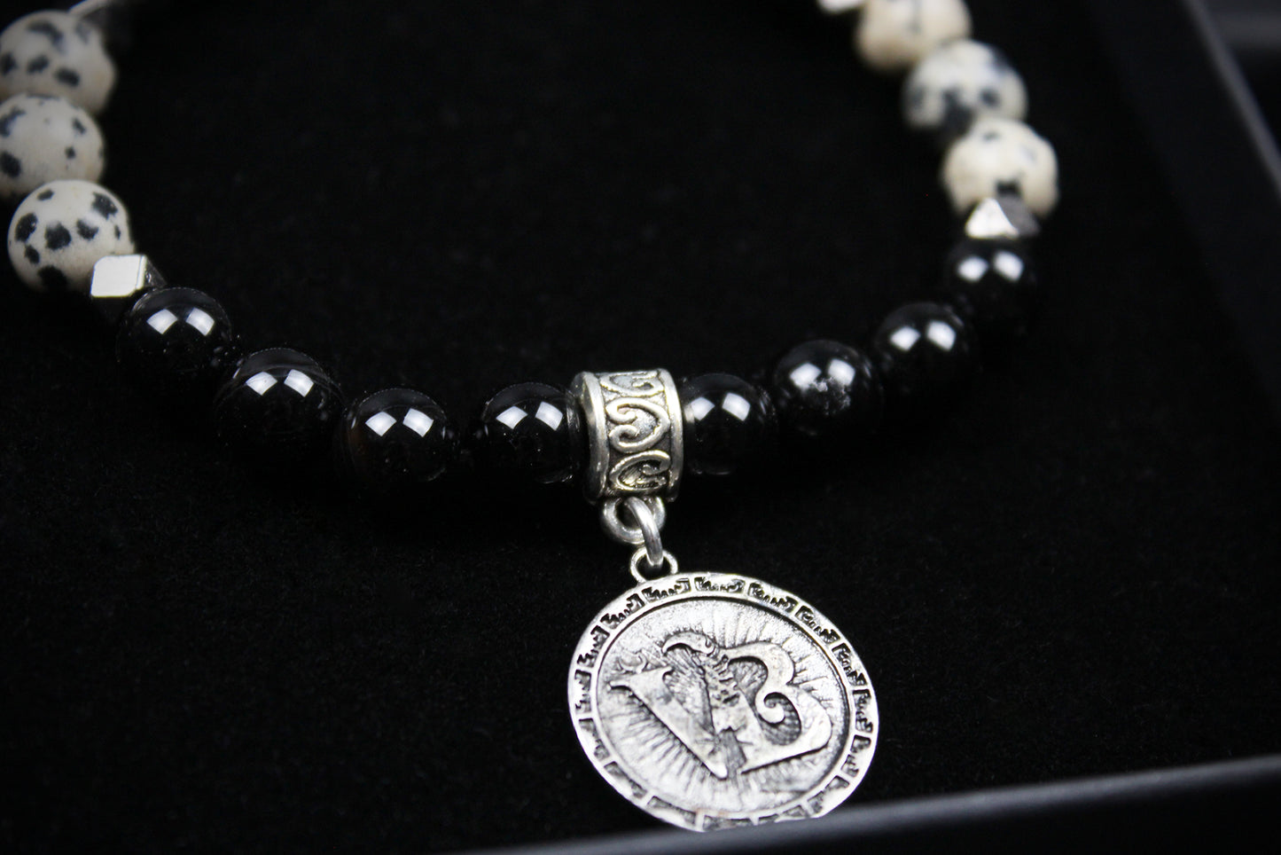 Skull Beaded Bracelet: Dalmatian Jasper, Onyx, Lava Stone & Hematite with Silver Detail