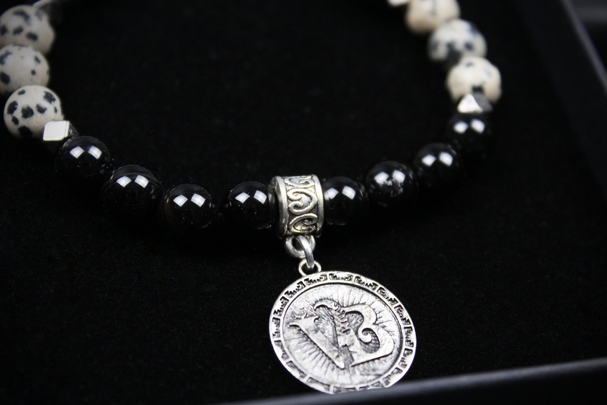 Skull Beaded Bracelet: Dalmatian Jasper, Onyx, Lava Stone & Hematite with Silver Detail