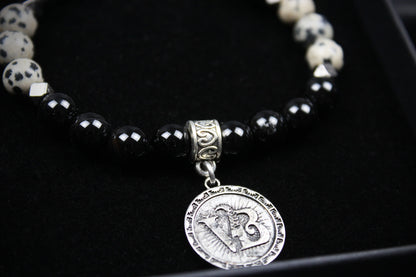 Skull Beaded Bracelet: Dalmatian Jasper, Onyx, Lava Stone & Hematite with Silver Detail