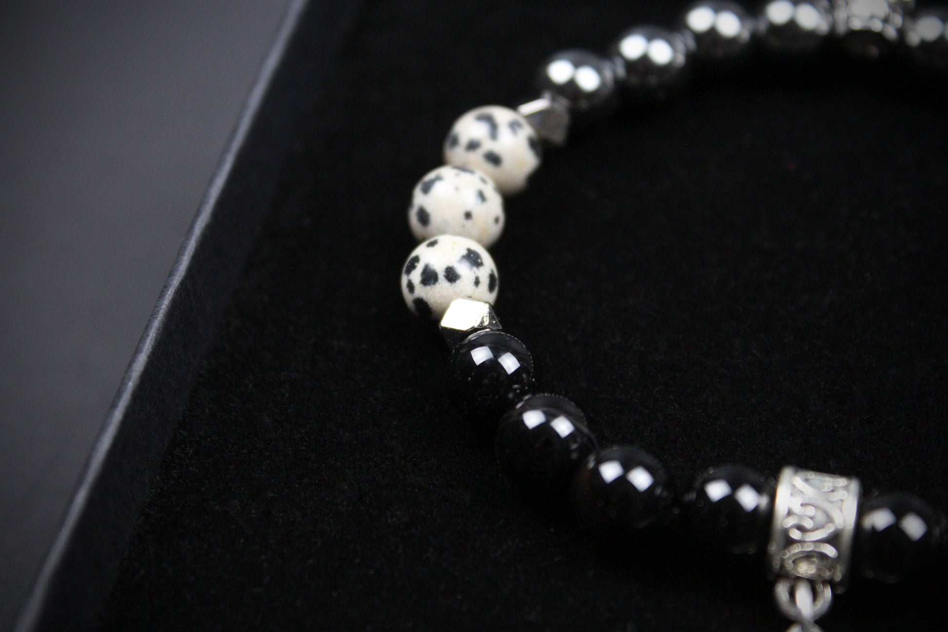 Skull Beaded Bracelet: Dalmatian Jasper, Onyx, Lava Stone & Hematite with Silver Detail