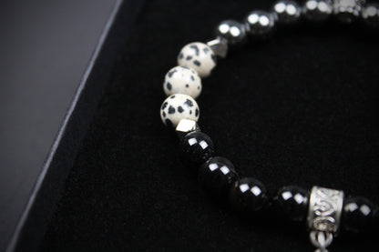 Skull Beaded Bracelet: Dalmatian Jasper, Onyx, Lava Stone & Hematite with Silver Detail
