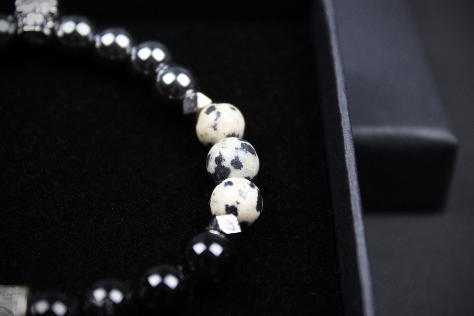 Skull Beaded Bracelet: Dalmatian Jasper, Onyx, Lava Stone & Hematite with Silver Detail