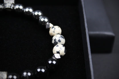 Skull Beaded Bracelet: Dalmatian Jasper, Onyx, Lava Stone & Hematite with Silver Detail