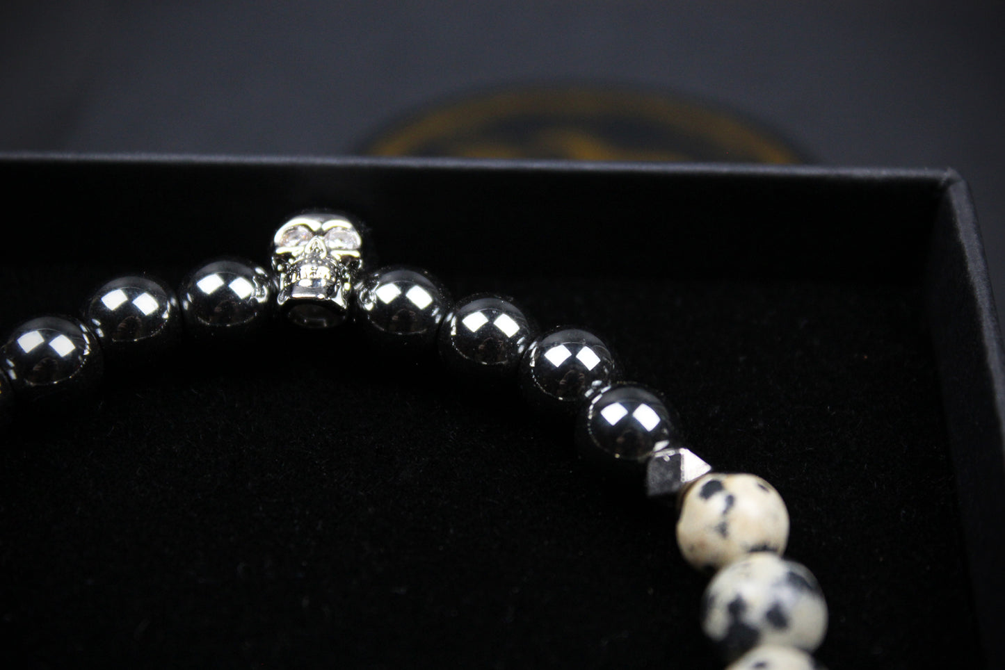 Skull Beaded Bracelet: Dalmatian Jasper, Onyx, Lava Stone & Hematite with Silver Detail