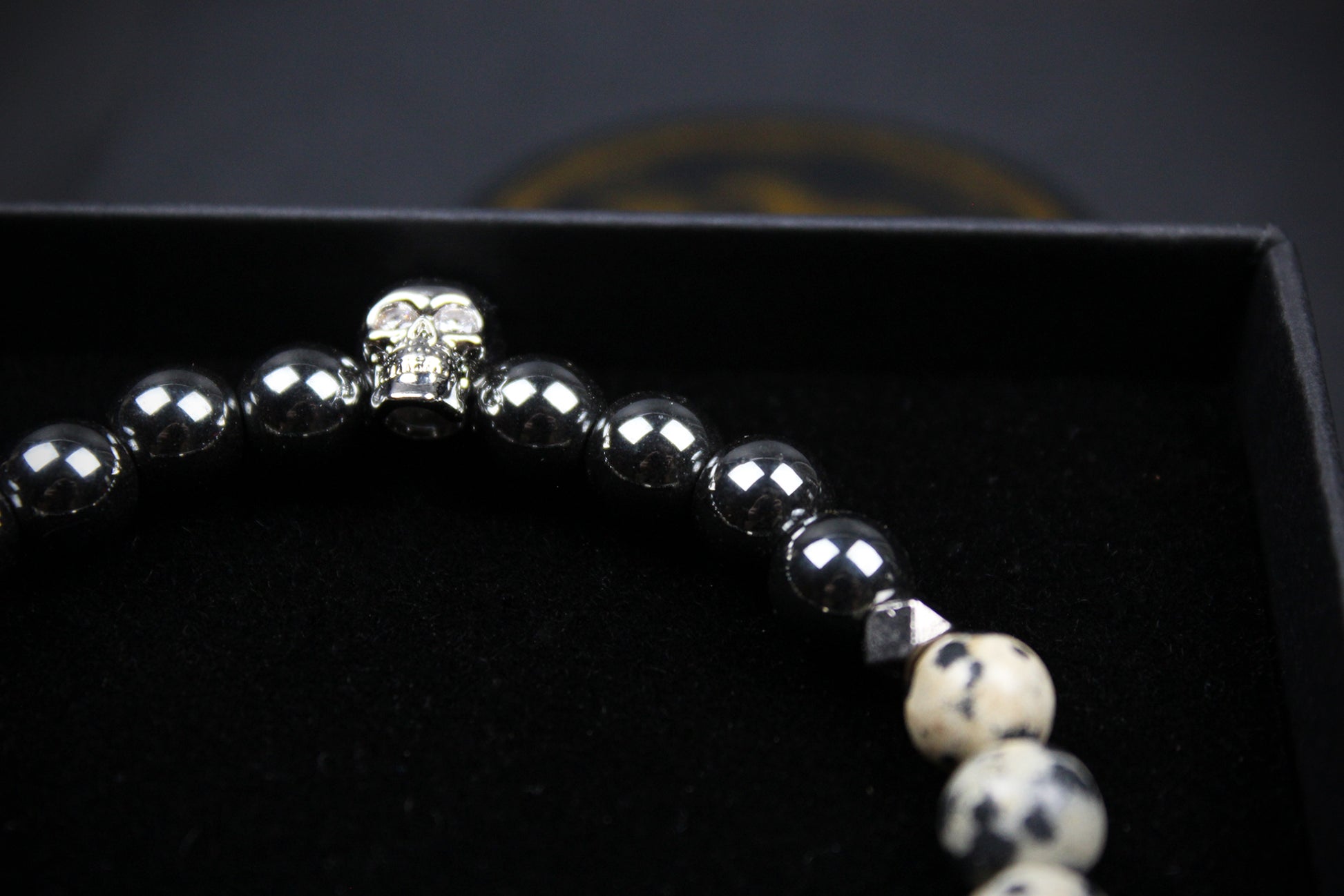 Skull Beaded Bracelet: Dalmatian Jasper, Onyx, Lava Stone & Hematite with Silver Detail