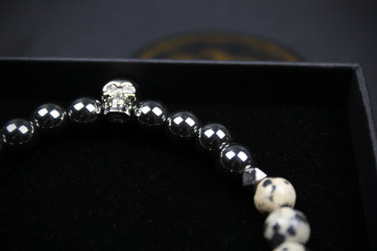Skull Beaded Bracelet: Dalmatian Jasper, Onyx, Lava Stone & Hematite with Silver Detail