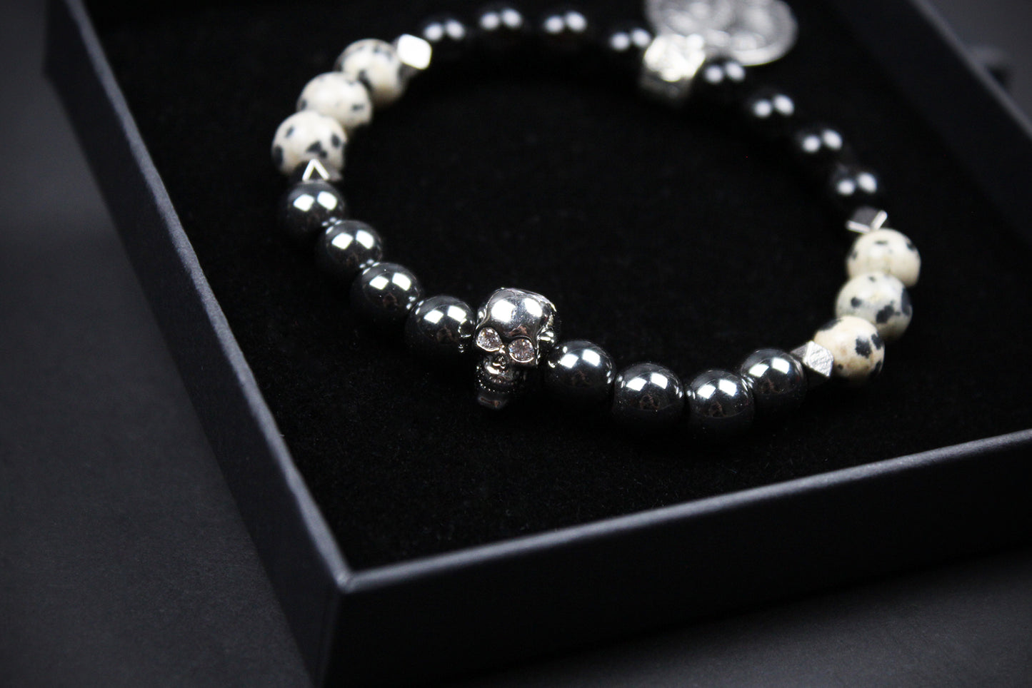 Skull Beaded Bracelet: Dalmatian Jasper, Onyx, Lava Stone & Hematite with Silver Detail
