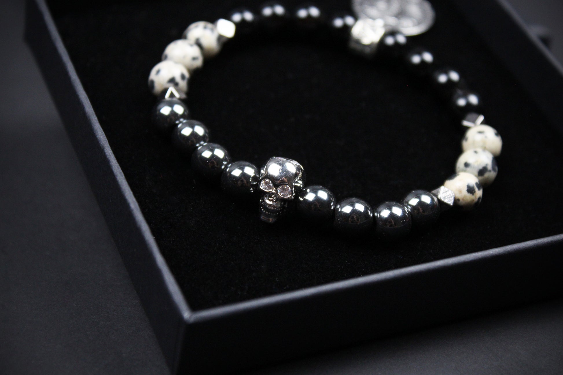 Skull Beaded Bracelet: Dalmatian Jasper, Onyx, Lava Stone & Hematite with Silver Detail