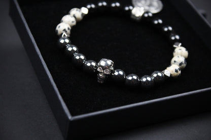 Skull Beaded Bracelet: Dalmatian Jasper, Onyx, Lava Stone & Hematite with Silver Detail