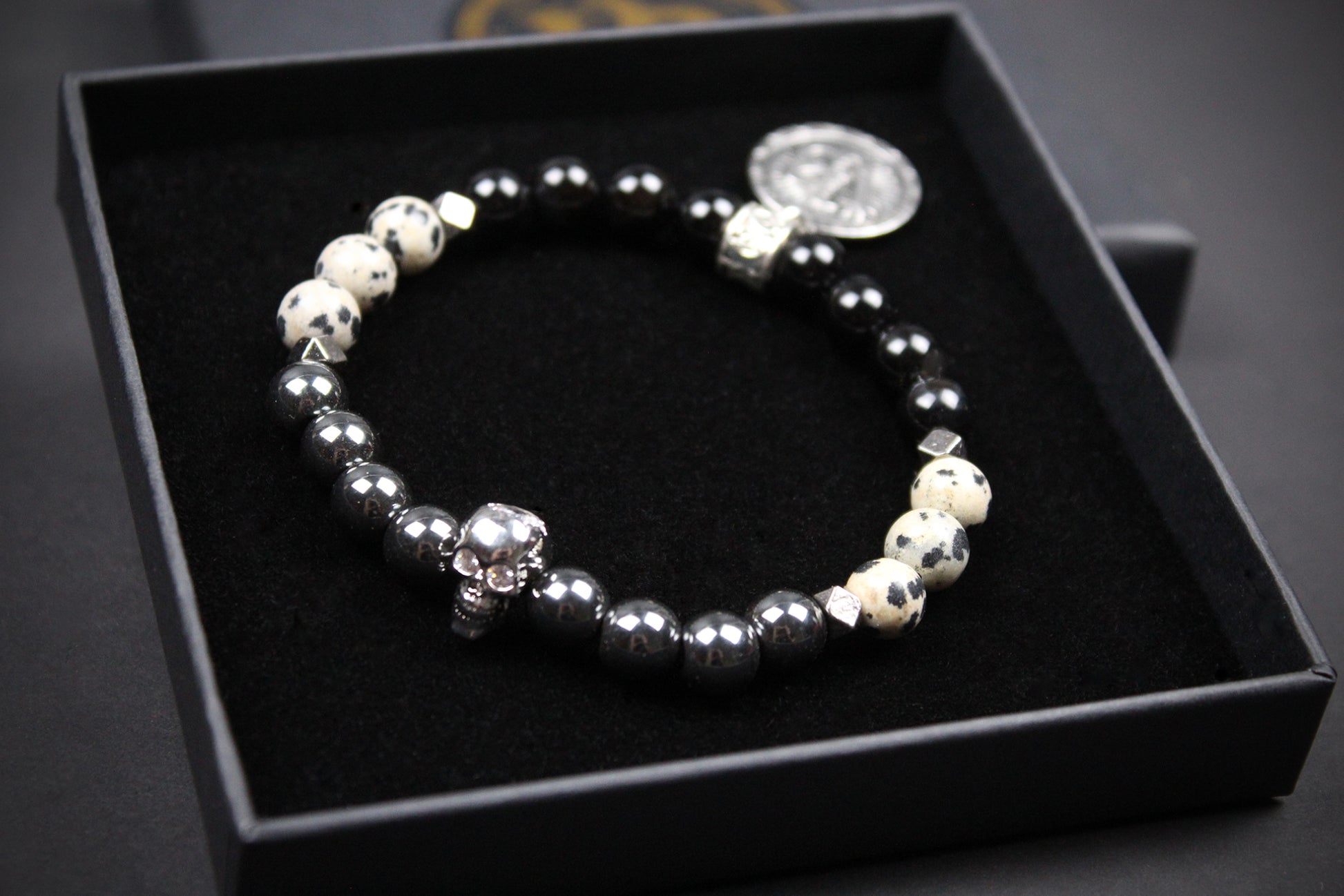 Skull Beaded Bracelet: Dalmatian Jasper, Onyx, Lava Stone & Hematite with Silver Detail