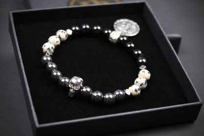 Skull Beaded Bracelet: Dalmatian Jasper, Onyx, Lava Stone & Hematite with Silver Detail