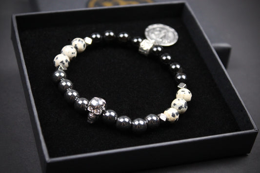 Skull Beaded Bracelet: Dalmatian Jasper, Onyx, Lava Stone & Hematite with Silver Detail