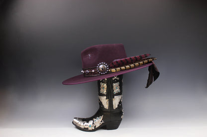 One Off Custom Fedora: Plum Wool Felt Wide Flat Brim Fedora Medium 57cm