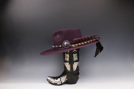 One Off Custom Fedora: Plum Wool Felt Wide Flat Brim Fedora Medium 57cm