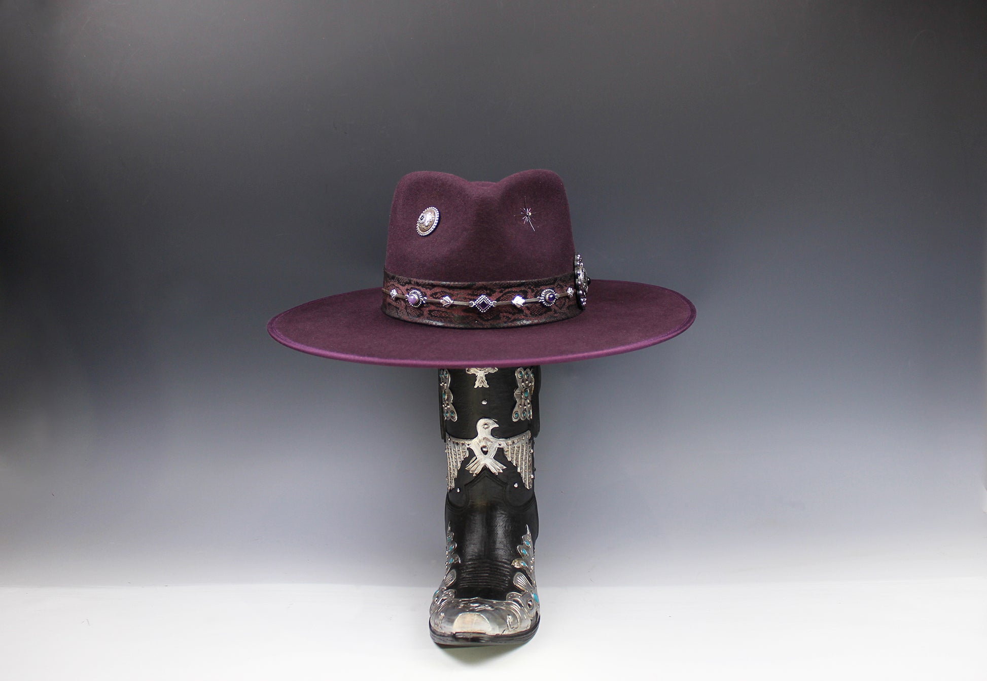 One Off Custom Fedora: Plum Wool Felt Wide Flat Brim Fedora Medium 57cm