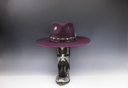 One Off Custom Fedora: Plum Wool Felt Wide Flat Brim Fedora Medium 57cm