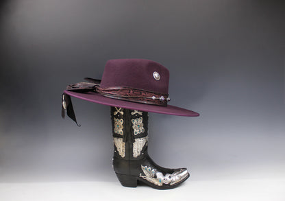 One Off Custom Fedora: Plum Wool Felt Wide Flat Brim Fedora Medium 57cm