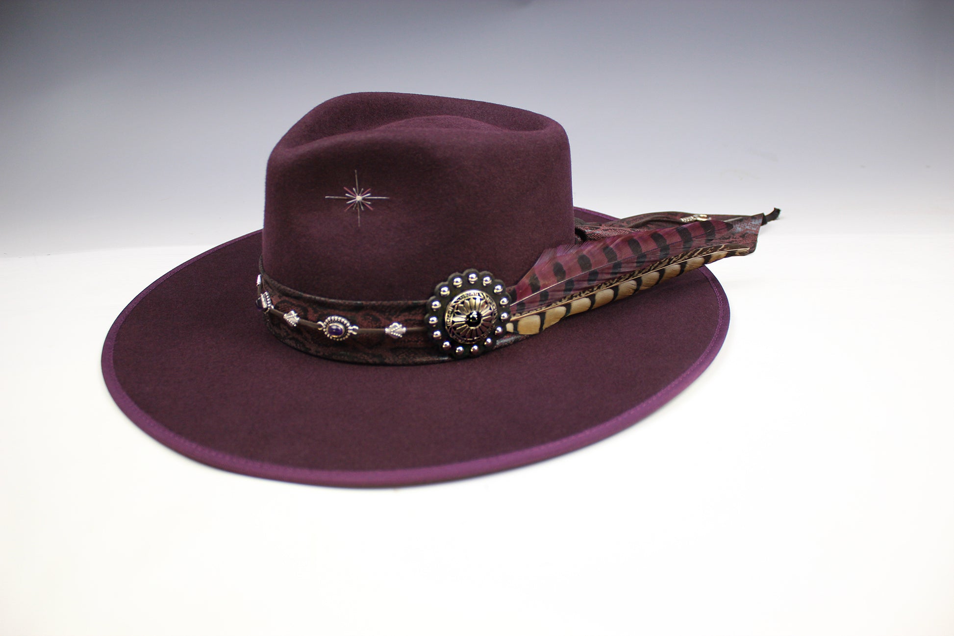One Off Custom Fedora: Plum Wool Felt Wide Flat Brim Fedora Medium 57cm