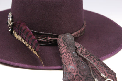 One Off Custom Fedora: Plum Wool Felt Wide Flat Brim Fedora Medium 57cm