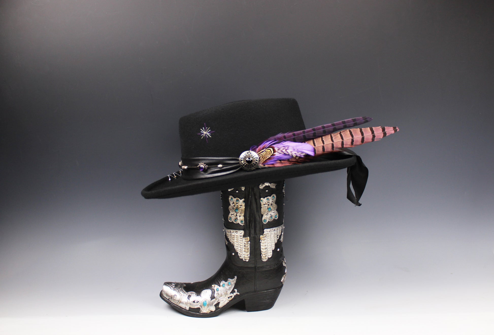 One Off Custom Gambler Hat: Black Wool Felt with purple detailing size Extra Large 61cm