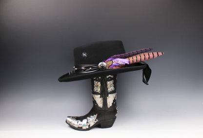 One Off Custom Gambler Hat: Black Wool Felt with purple detailing size Extra Large 61cm