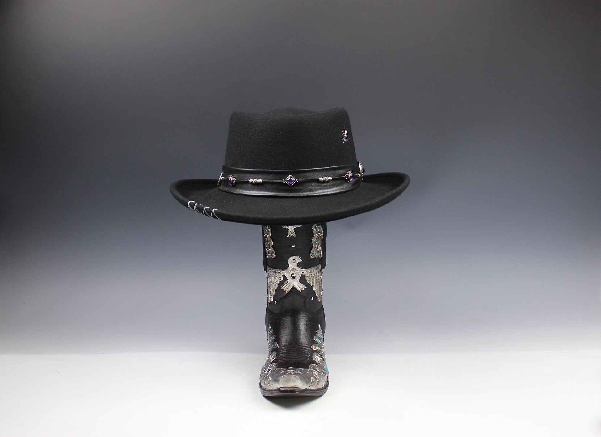 One Off Custom Gambler Hat: Black Wool Felt with purple detailing size Extra Large 61cm