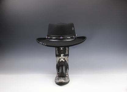 One Off Custom Gambler Hat: Black Wool Felt with purple detailing size Extra Large 61cm