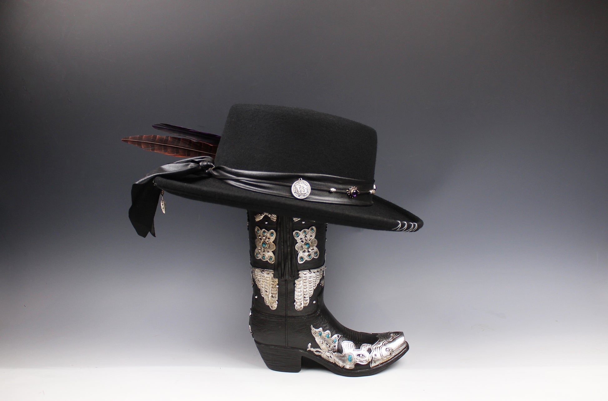 One Off Custom Gambler Hat: Black Wool Felt with purple detailing size Extra Large 61cm