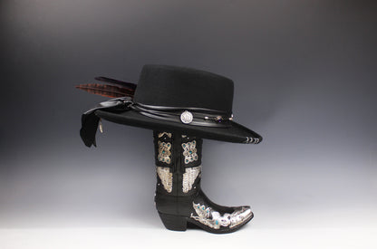 One Off Custom Gambler Hat: Black Wool Felt with purple detailing size Extra Large 61cm