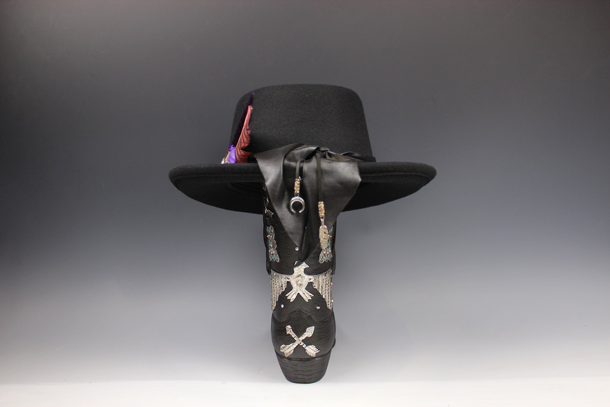 One Off Custom Gambler Hat: Black Wool Felt with purple detailing size Extra Large 61cm