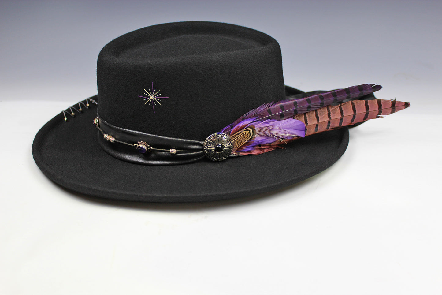 One Off Custom Gambler Hat: Black Wool Felt with purple detailing size Extra Large 61cm