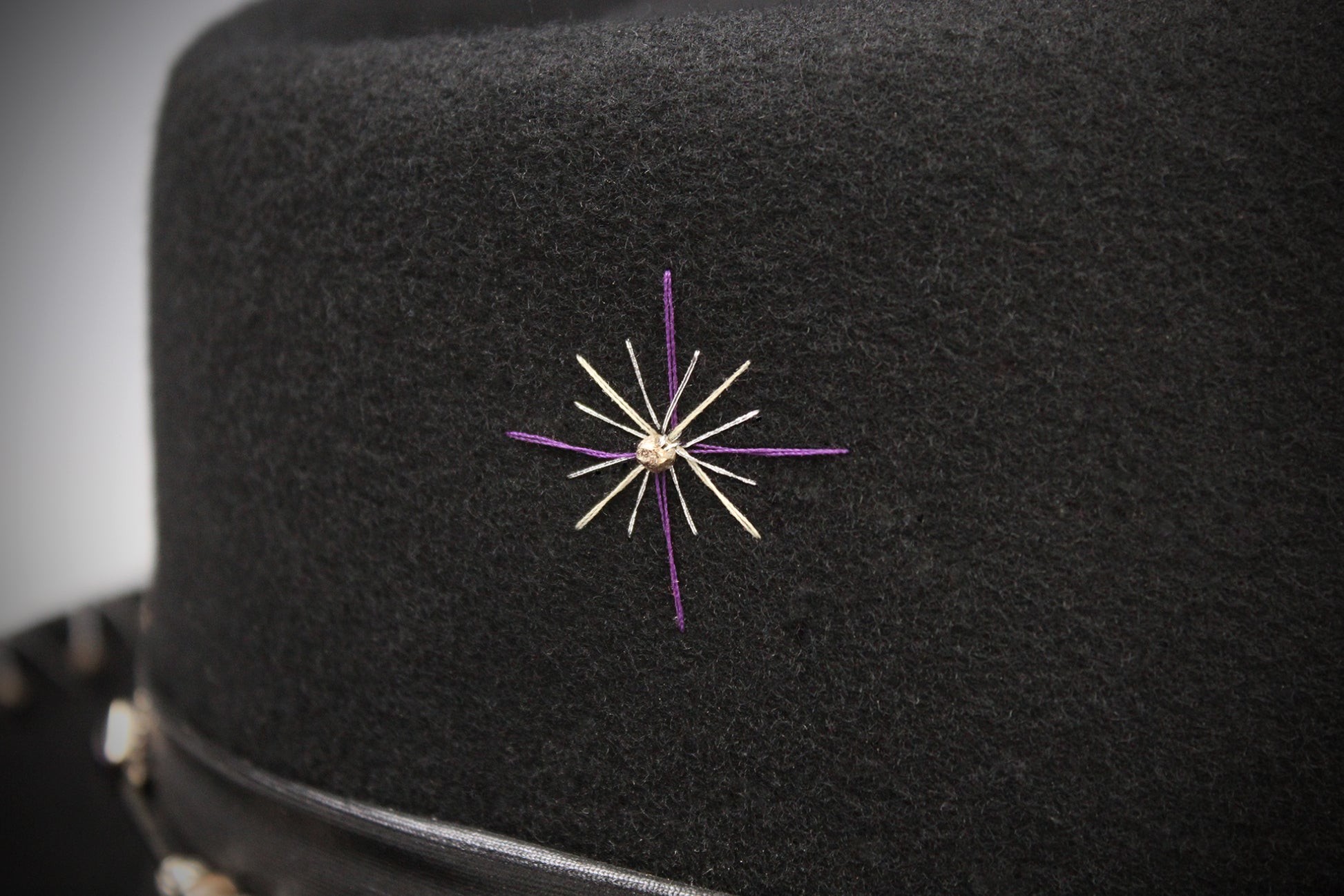 One Off Custom Gambler Hat: Black Wool Felt with purple detailing size Extra Large 61cm