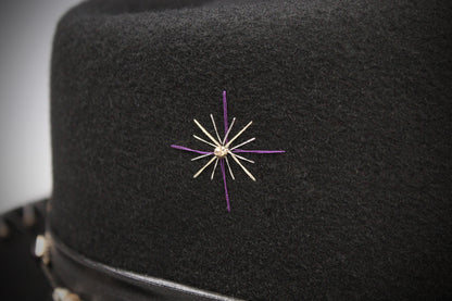 One Off Custom Gambler Hat: Black Wool Felt with purple detailing size Extra Large 61cm
