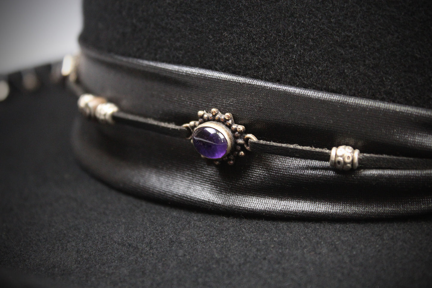 One Off Custom Gambler Hat: Black Wool Felt with purple detailing size Extra Large 61cm