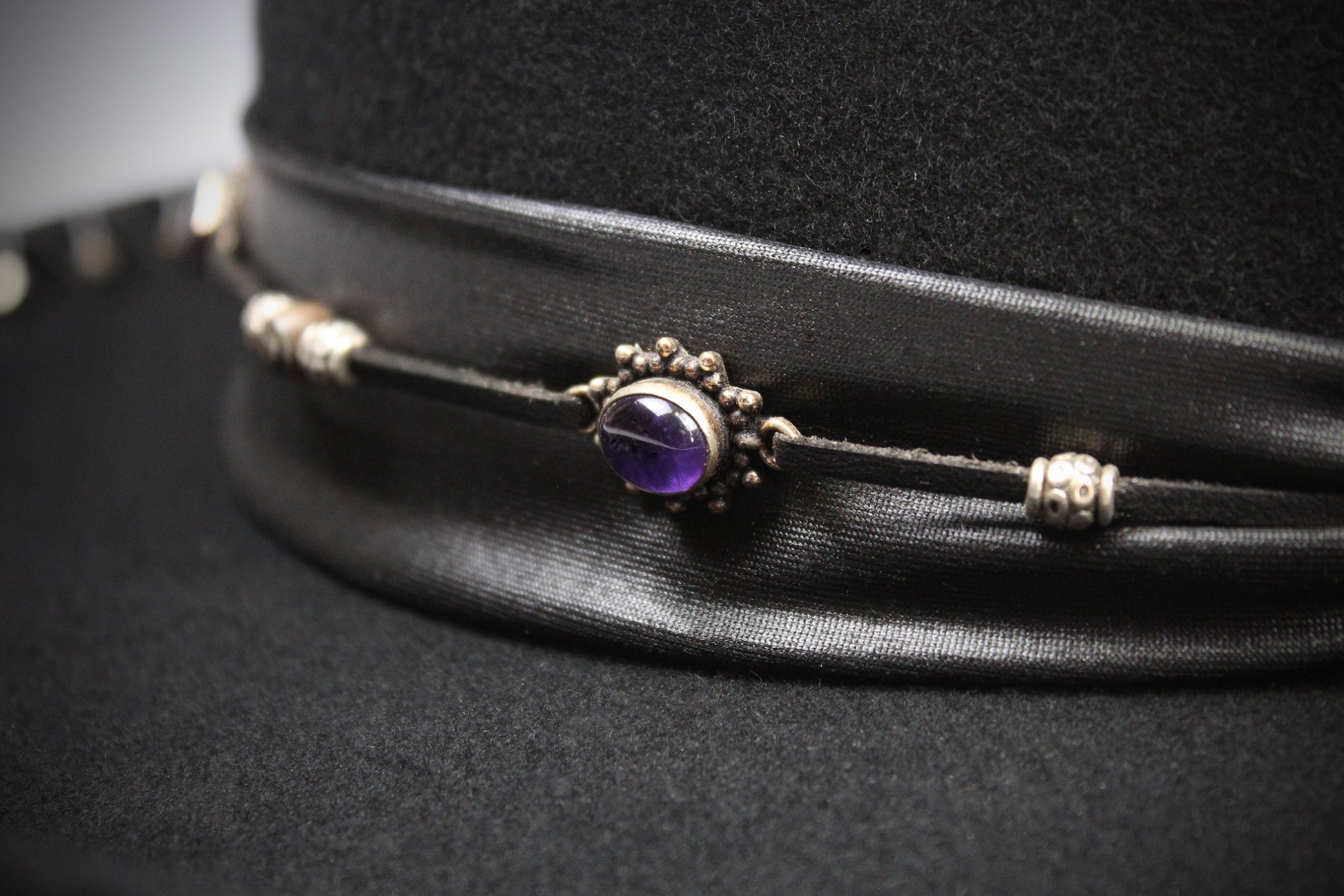 One Off Custom Gambler Hat: Black Wool Felt with purple detailing size Extra Large 61cm