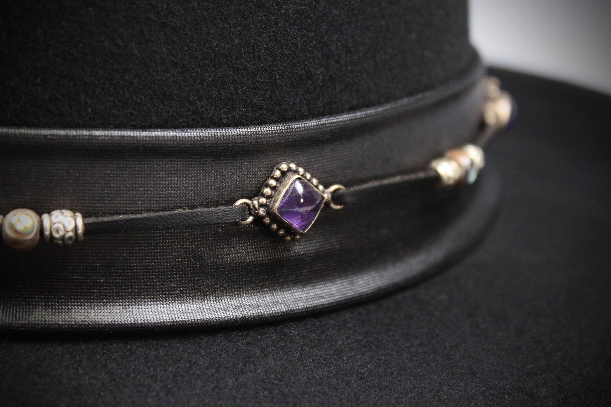 One Off Custom Gambler Hat: Black Wool Felt with purple detailing size Extra Large 61cm