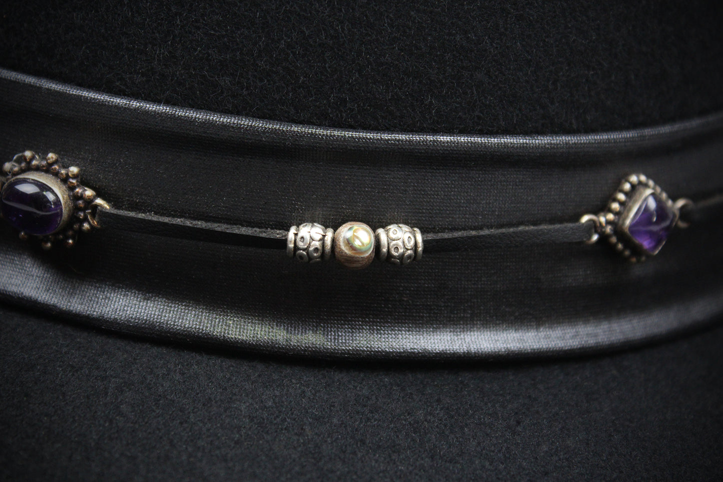 One Off Custom Gambler Hat: Black Wool Felt with purple detailing size Extra Large 61cm