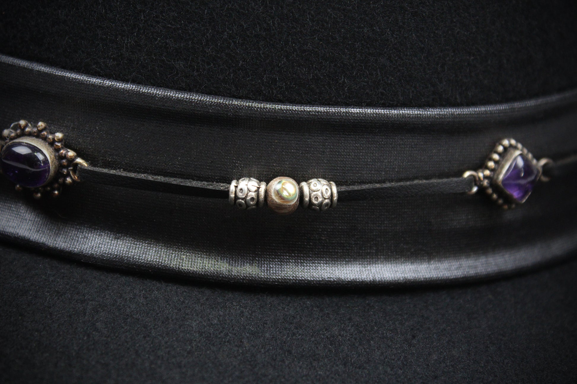 One Off Custom Gambler Hat: Black Wool Felt with purple detailing size Extra Large 61cm