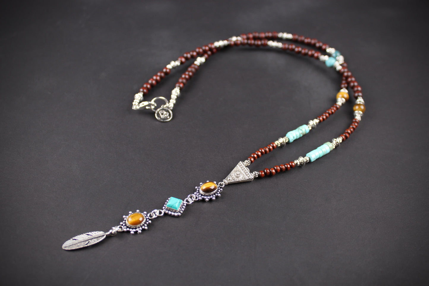 The Dallas Beaded Necklace: Turquoise, Tiger's Eye, Feather Charm