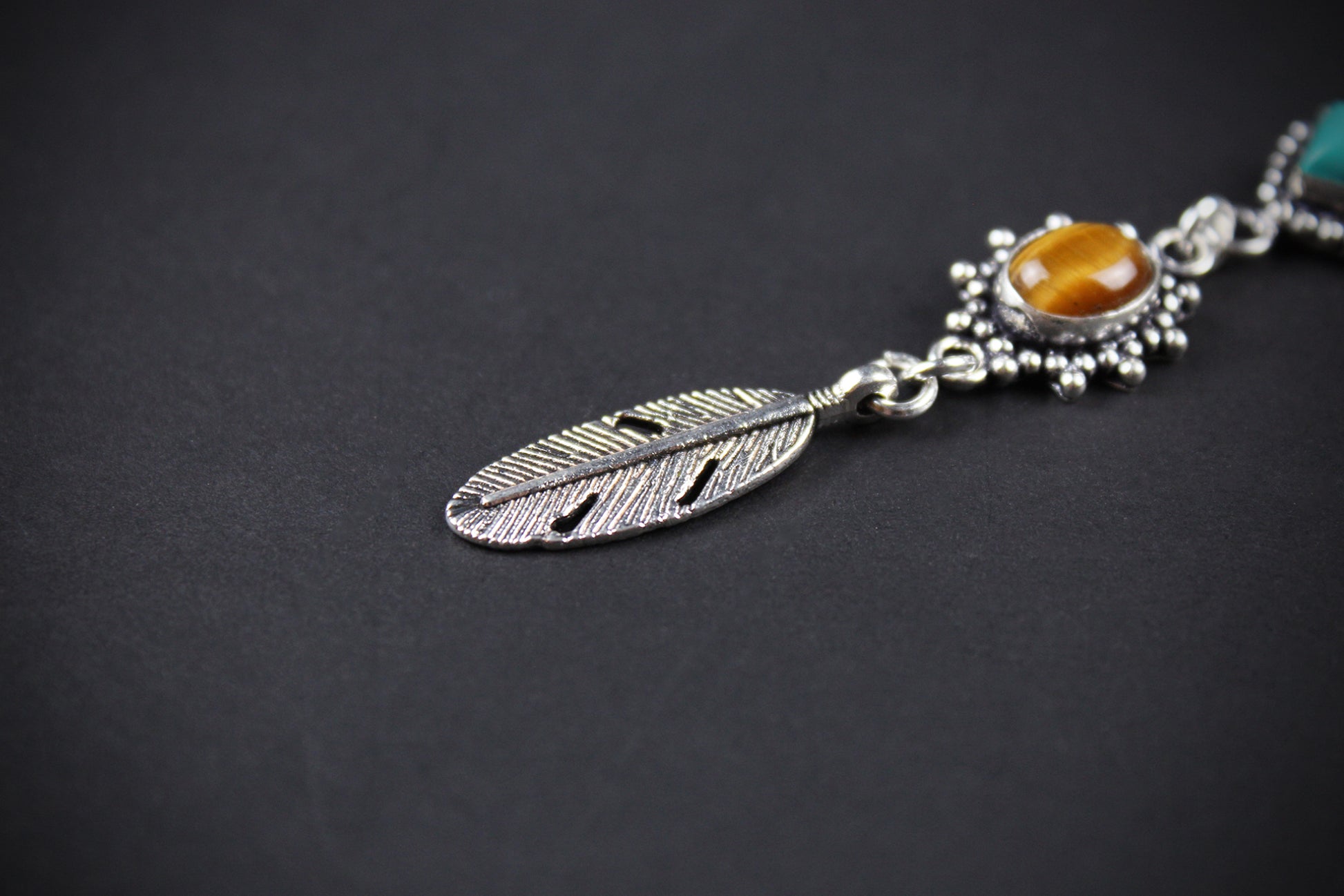 The Dallas Beaded Necklace: Turquoise, Tiger's Eye, Feather Charm