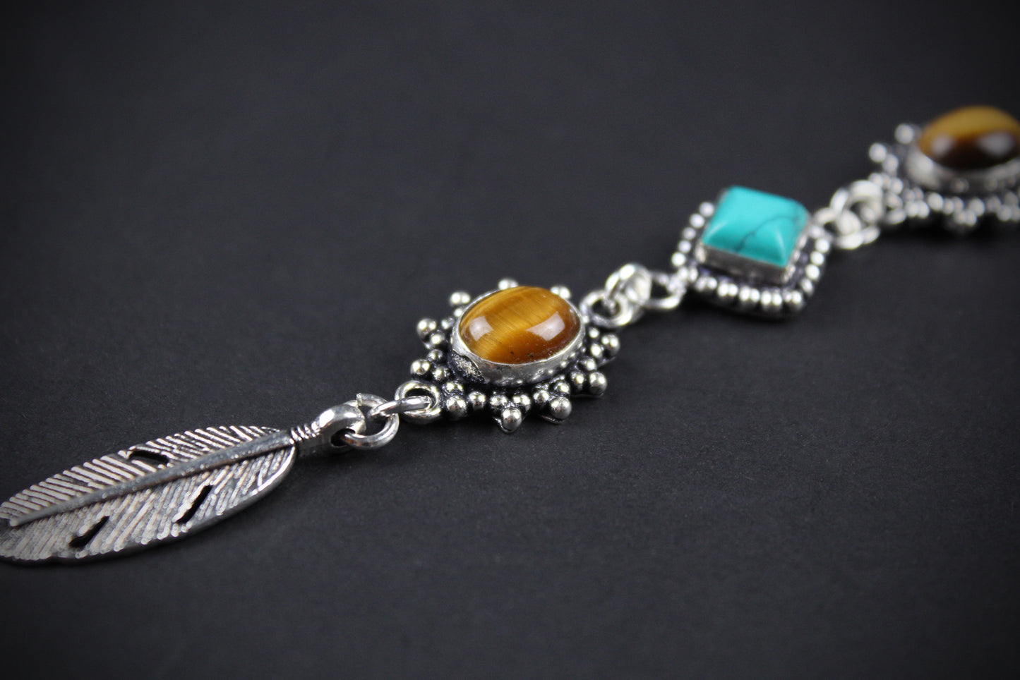 The Dallas Beaded Necklace: Turquoise, Tiger's Eye, Feather Charm