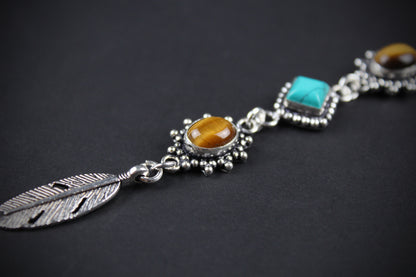The Dallas Beaded Necklace: Turquoise, Tiger's Eye, Feather Charm