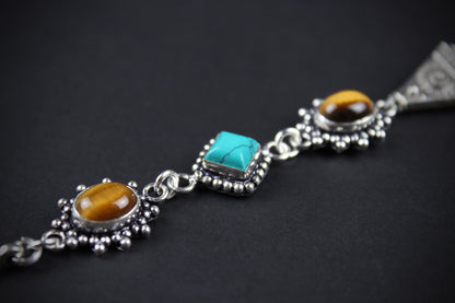The Dallas Beaded Necklace: Turquoise, Tiger's Eye, Feather Charm