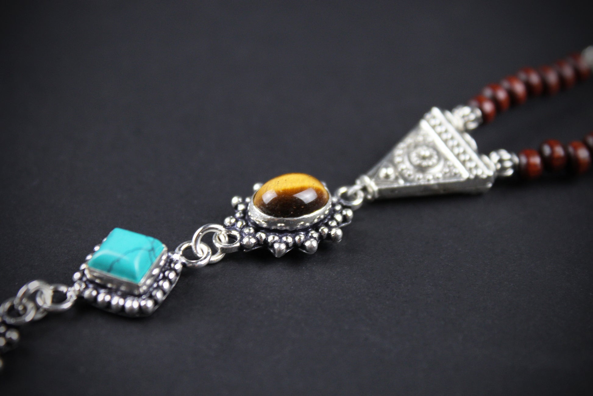 The Dallas Beaded Necklace: Turquoise, Tiger's Eye, Feather Charm