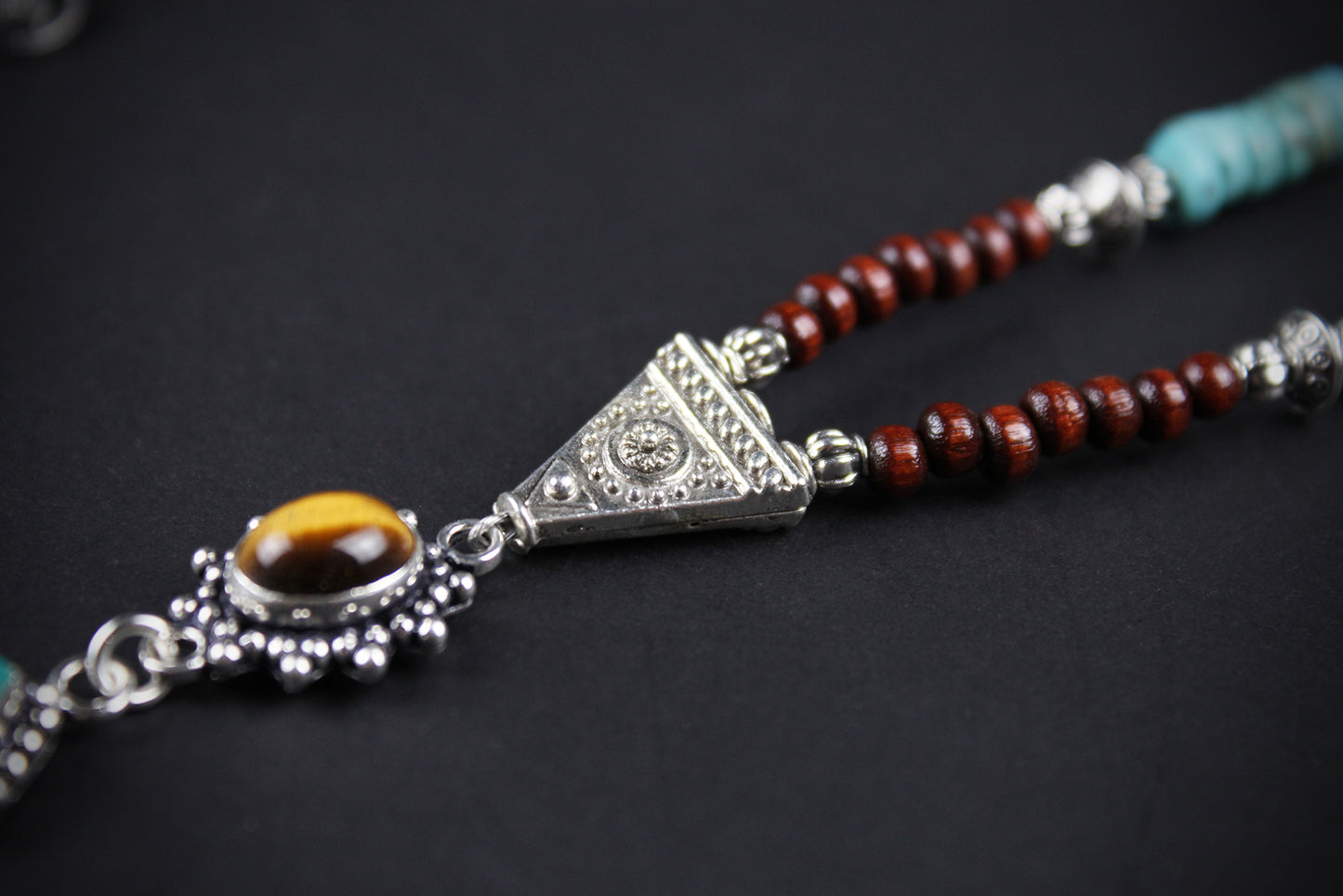 The Dallas Beaded Necklace: Turquoise, Tiger's Eye, Feather Charm