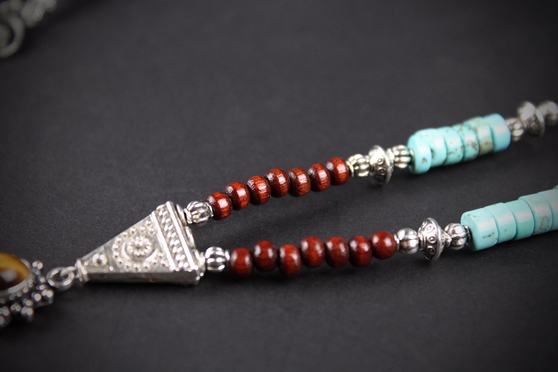 The Dallas Beaded Necklace: Turquoise, Tiger's Eye, Feather Charm