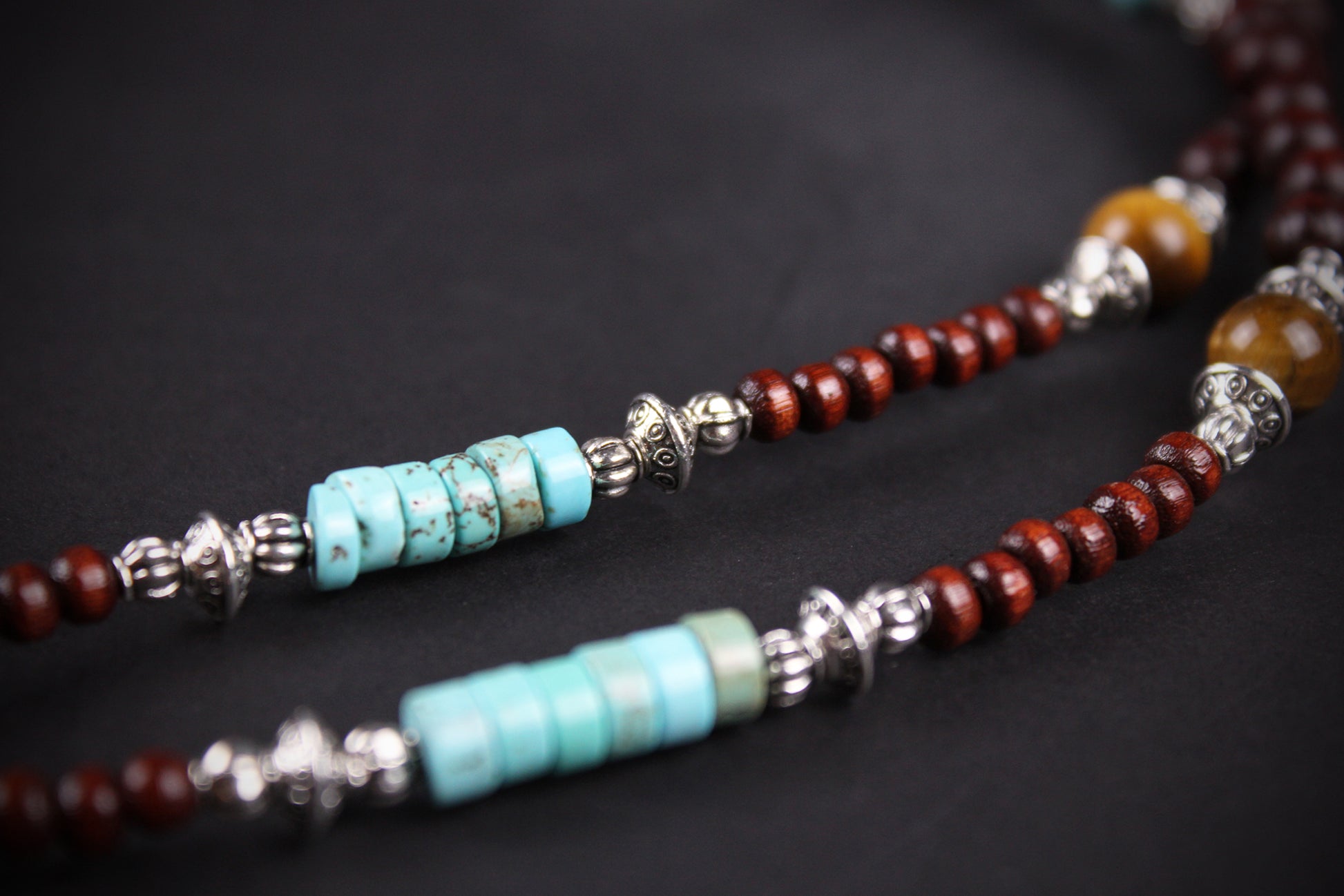 The Dallas Beaded Necklace: Turquoise, Tiger's Eye, Feather Charm