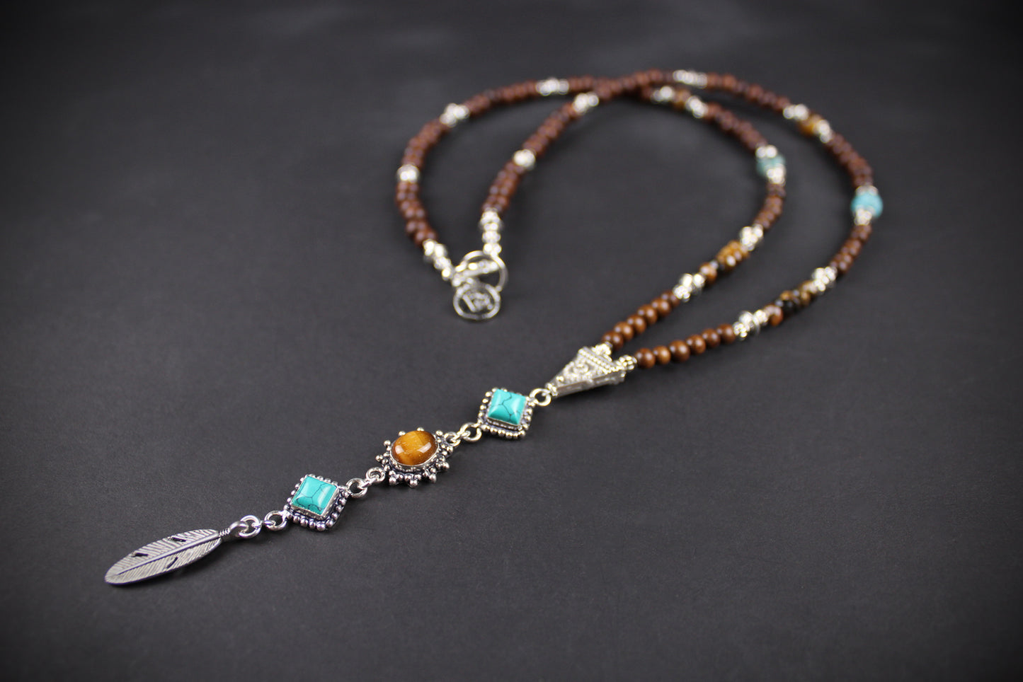 The Savannah Beaded Necklace: Turquoise, Tiger's Eye, Feather Charm