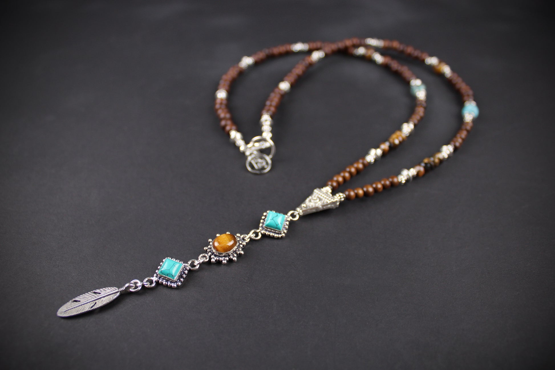 The Savannah Beaded Necklace: Turquoise, Tiger's Eye, Feather Charm