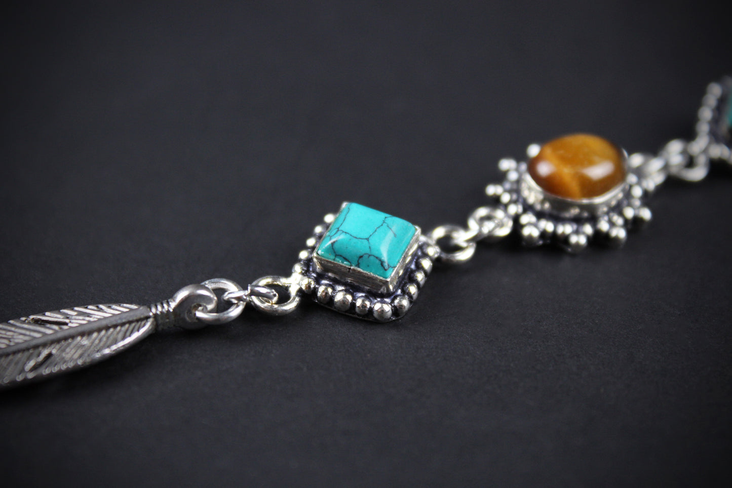 The Savannah Beaded Necklace: Turquoise, Tiger's Eye, Feather Charm